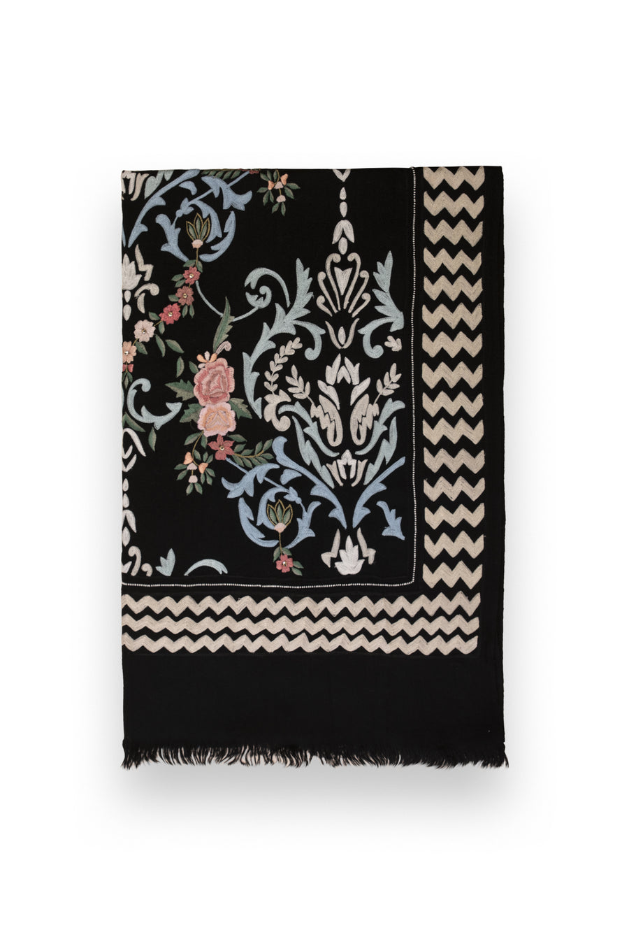 Black Chintz Chevron Embroidered Cashmere Scarf