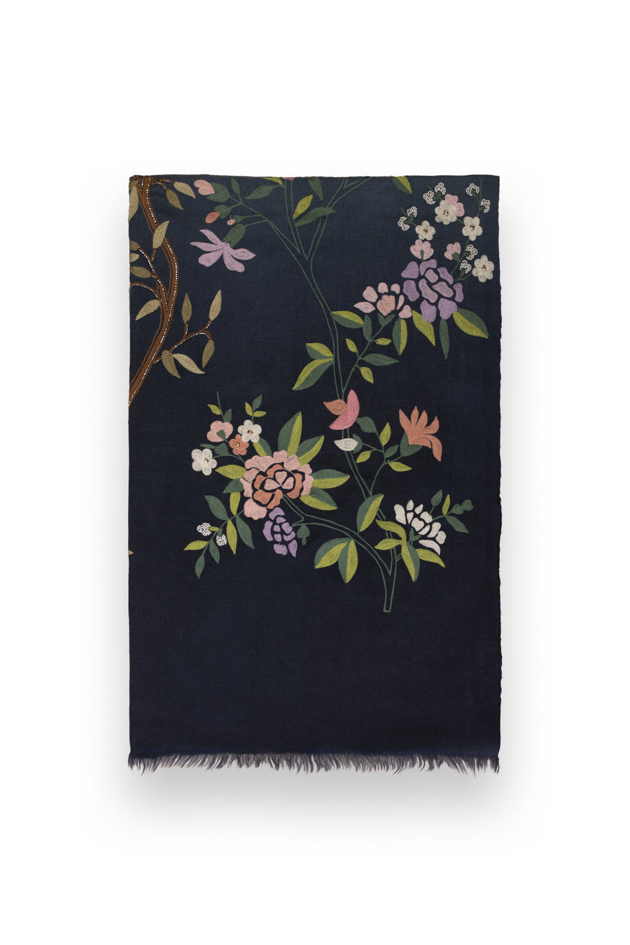 Navy Ombre Japanese Bloom Embroidered Cashmere Scarf