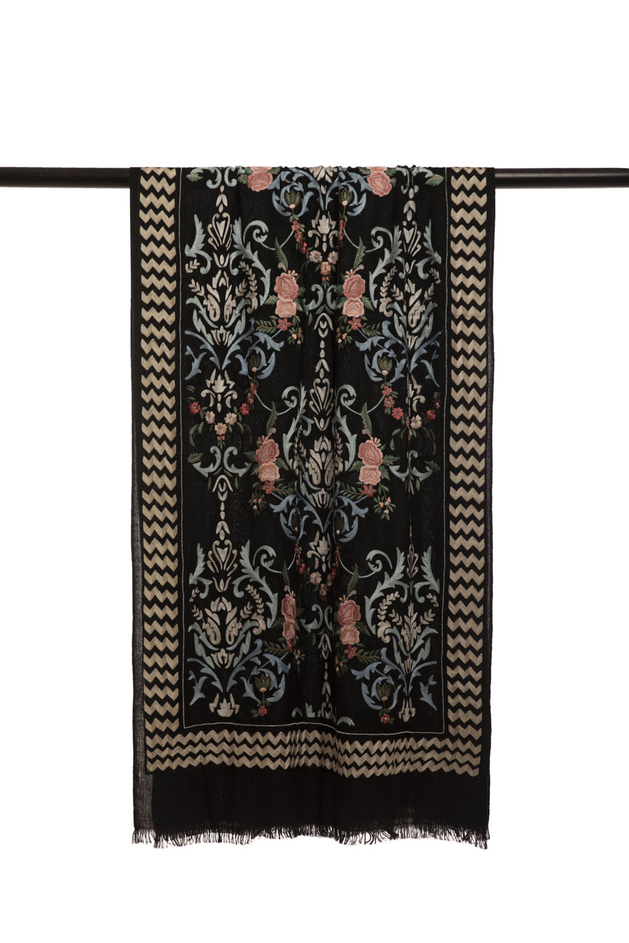 Black Chintz Chevron Embroidered Cashmere Scarf