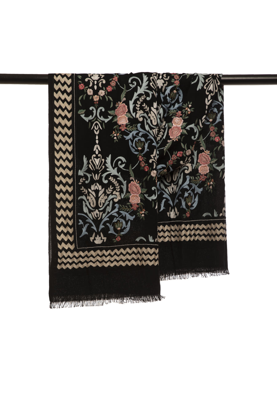 Black Chintz Chevron Embroidered Cashmere Scarf