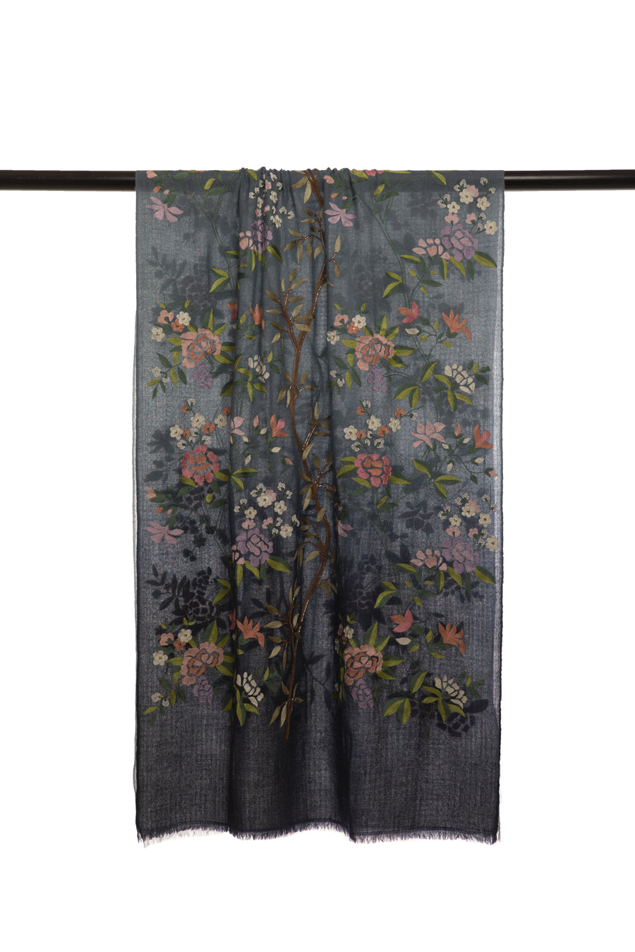 Navy Ombre Japanese Bloom Embroidered Cashmere Scarf