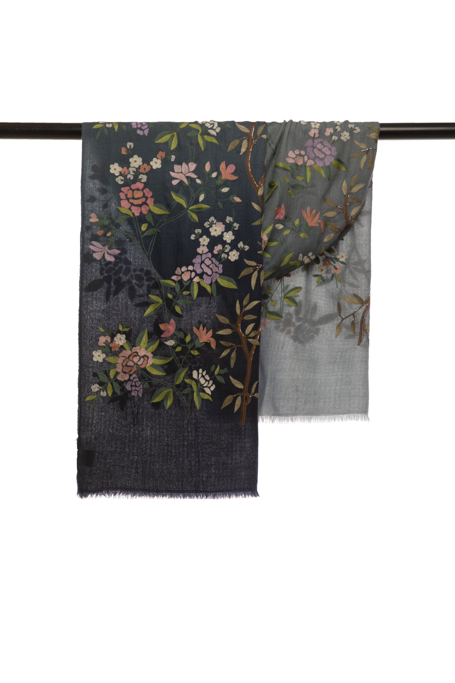 Navy Ombre Japanese Bloom Embroidered Cashmere Scarf