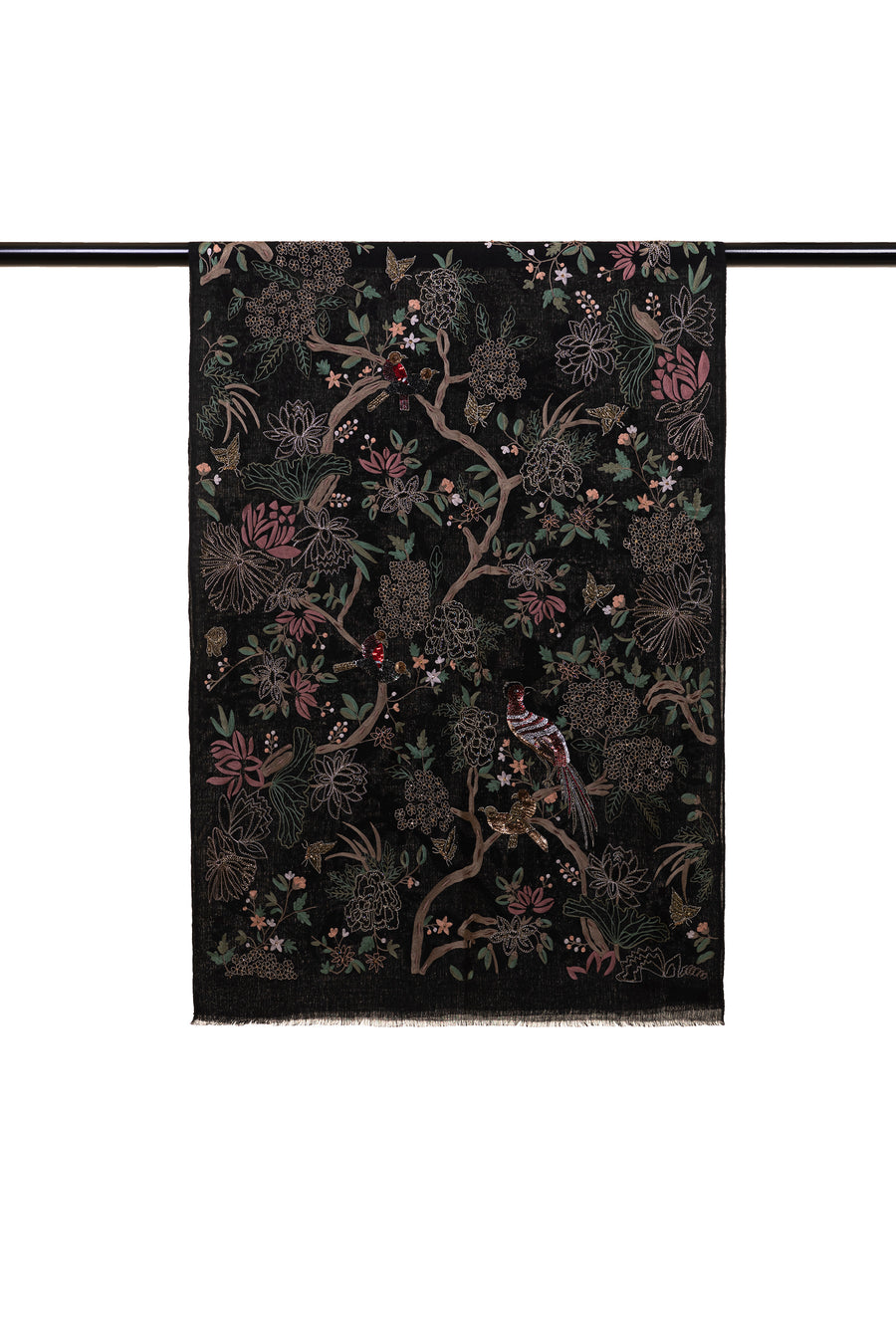 Black Enchanted Forest Embroidered Cashmere Scarf