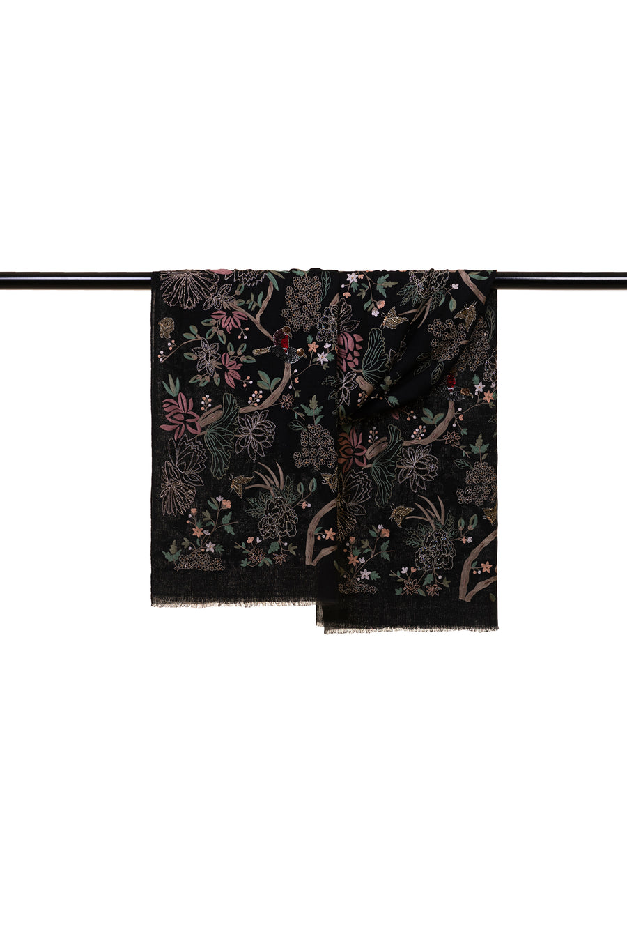 Black Enchanted Forest Embroidered Cashmere Scarf