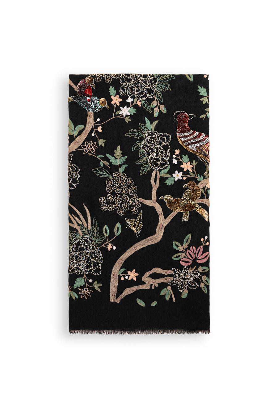 Black Enchanted Forest Embroidered Cashmere Scarf