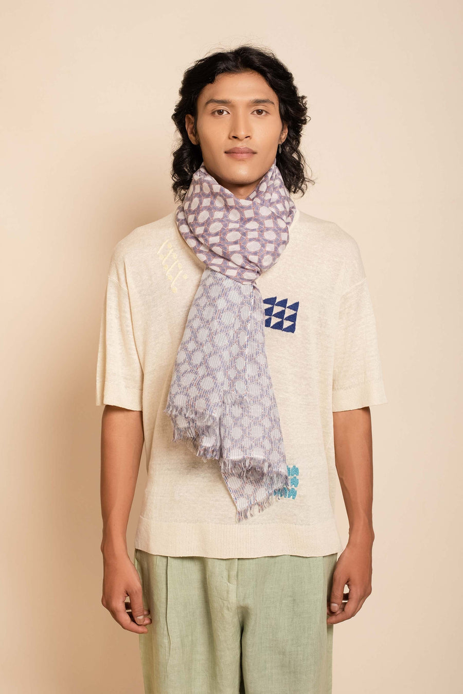 Natural Printed Nepali Geo Unisex Linen Scarf