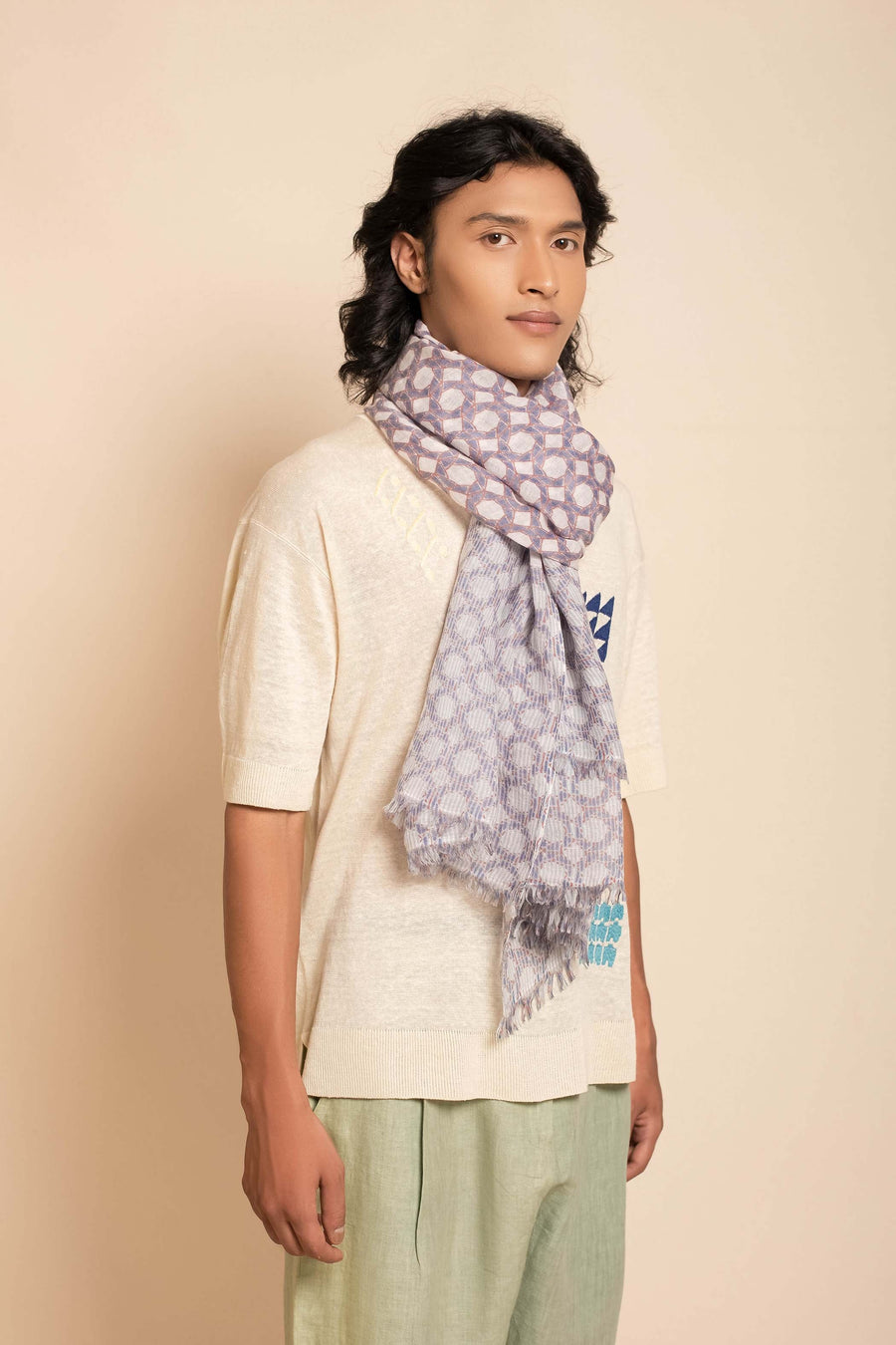 Natural Printed Nepali Geo Unisex Linen Scarf