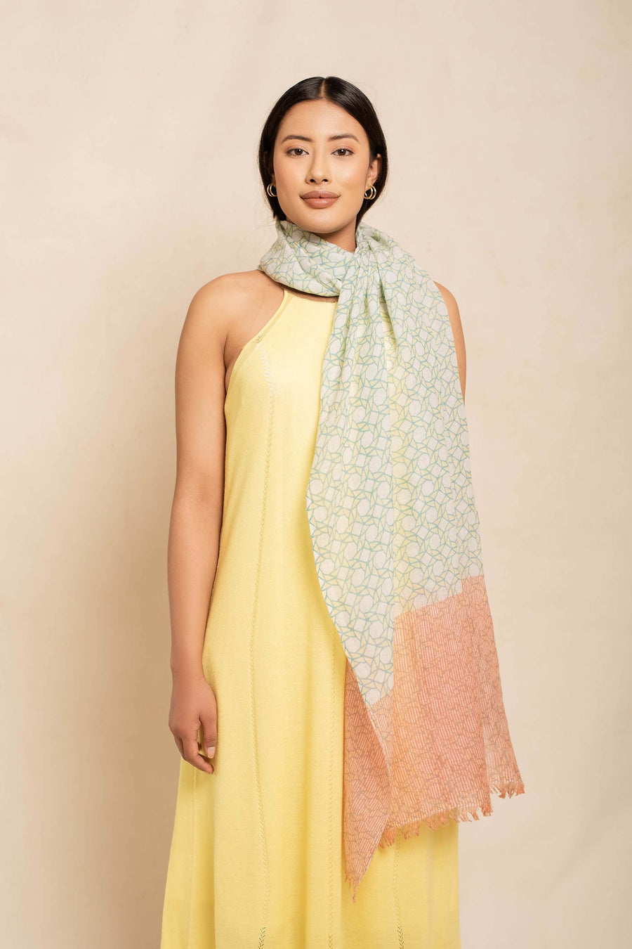 Natural Printed Nepali Geo Unisex Linen Scarf