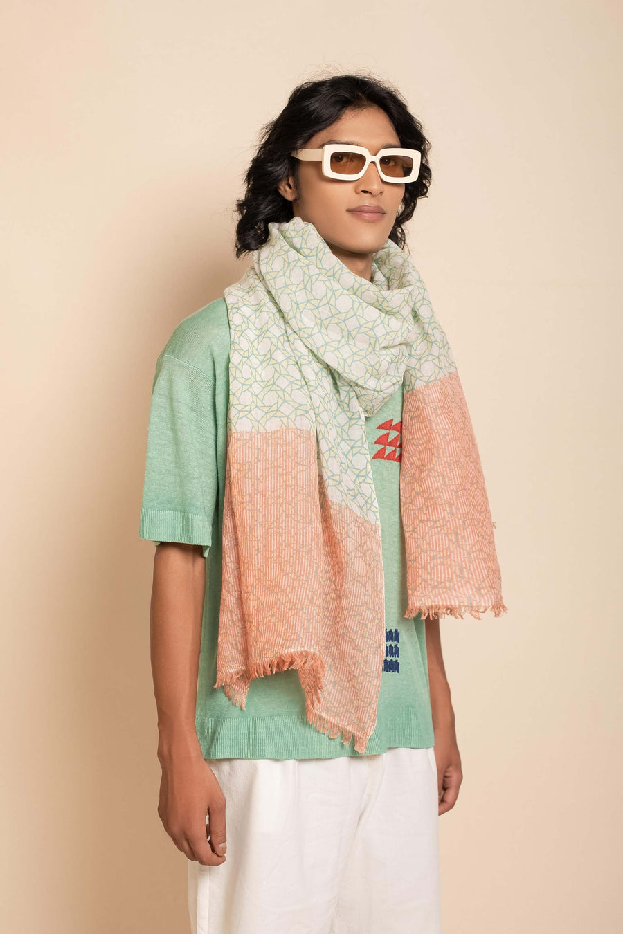 Natural Printed Nepali Geo Unisex Linen Scarf