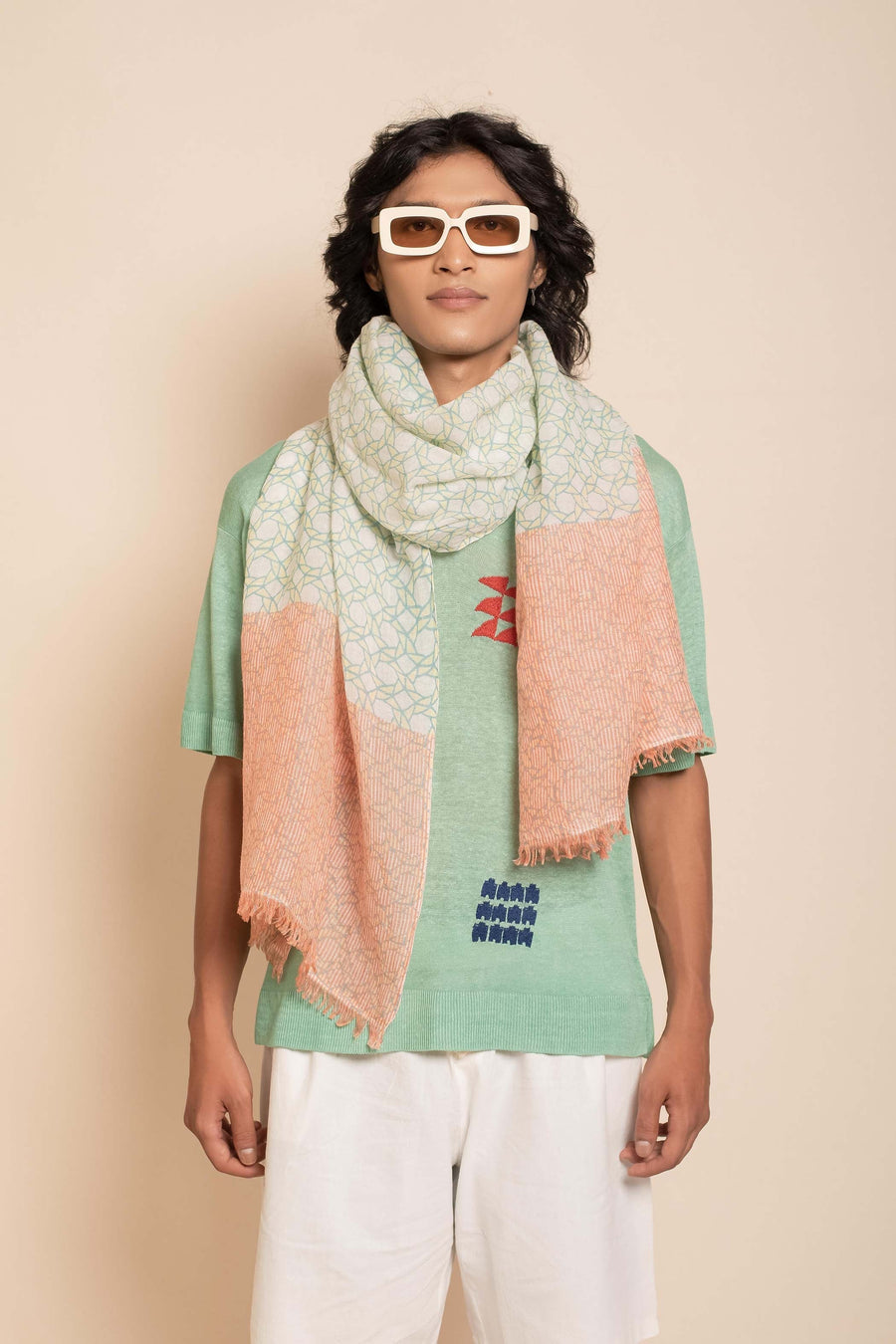 Natural Printed Nepali Geo Unisex Linen Scarf