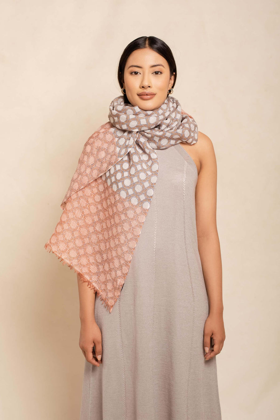 Natural Printed Nepali Geo Unisex Linen Scarf