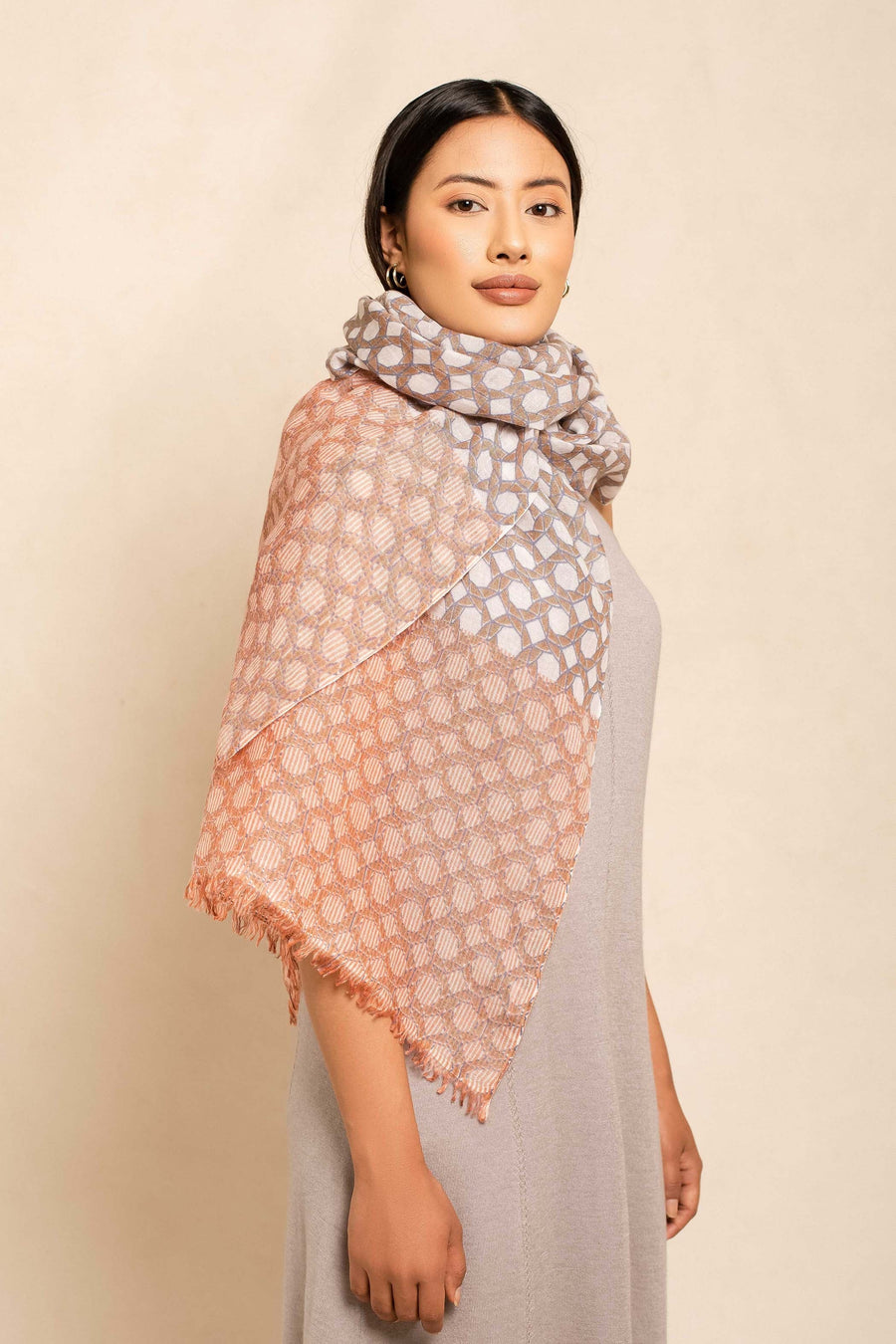 Natural Printed Nepali Geo Unisex Linen Scarf