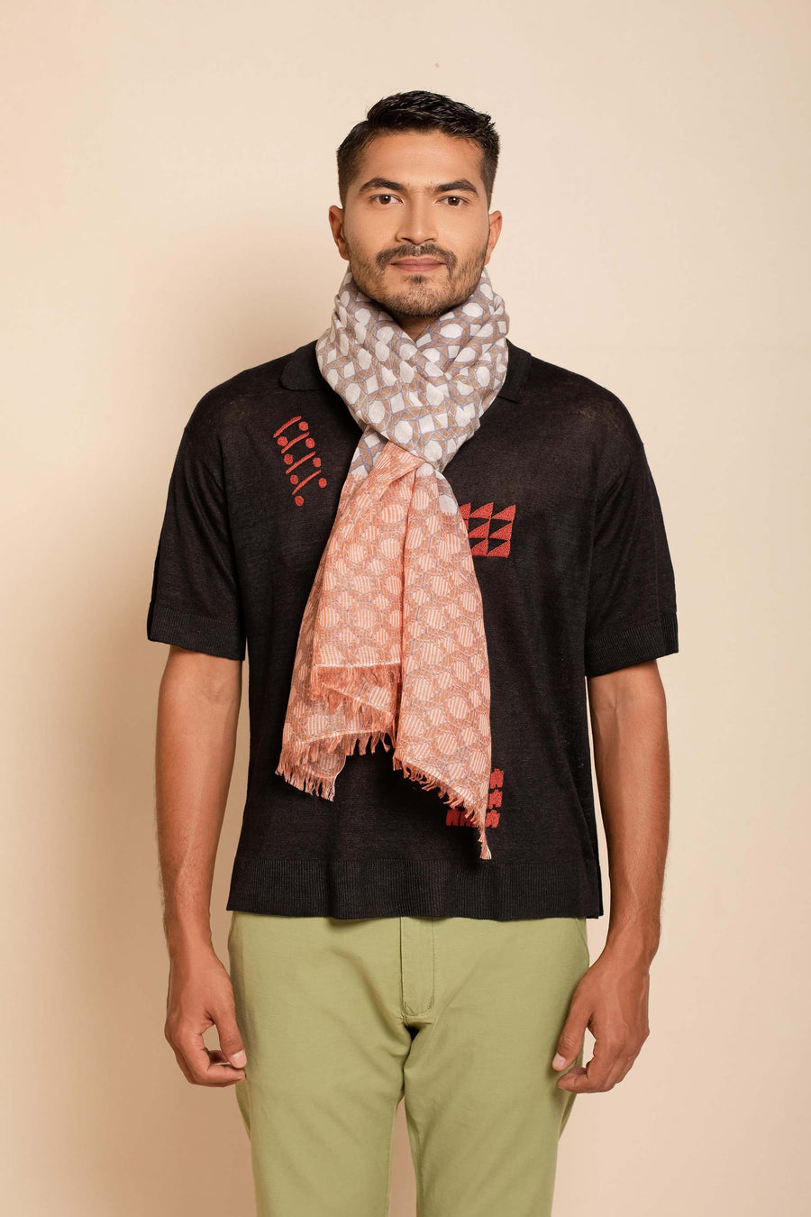 Natural Printed Nepali Geo Unisex Linen Scarf