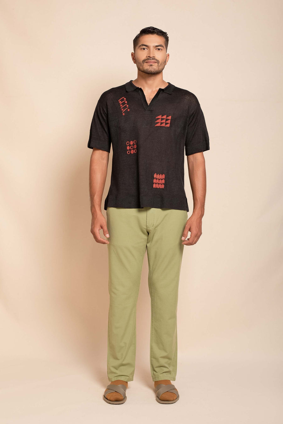 Men's Linen Textured Embroidered Polo