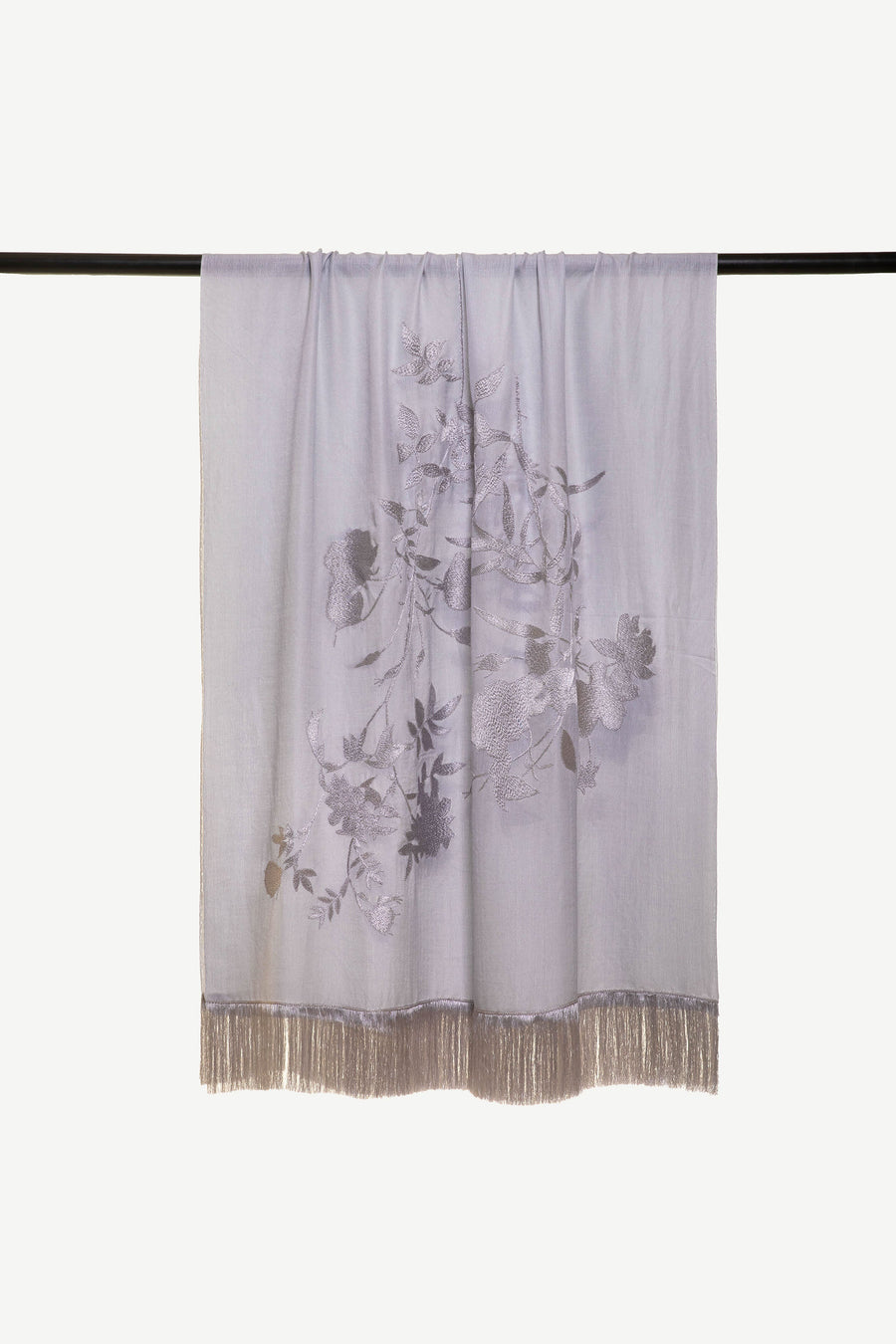 Floral Embroidered Scarf with Silk Tassels